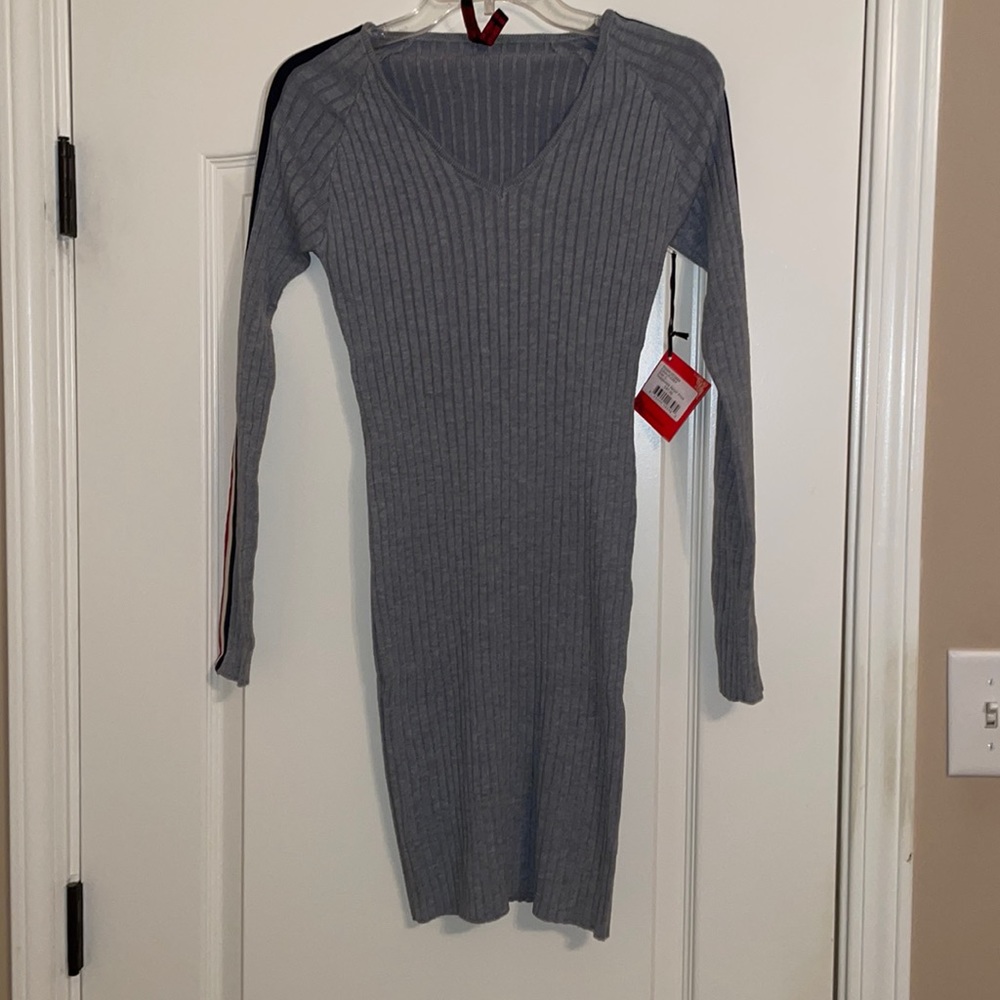 Gray body con long sleeve sweater dress
